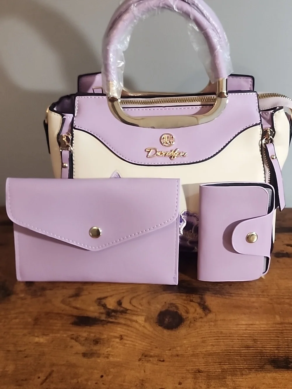 Purple 3 Pcs Set Women's Handbag With Elegant Geometric Print, Faux Leather FP